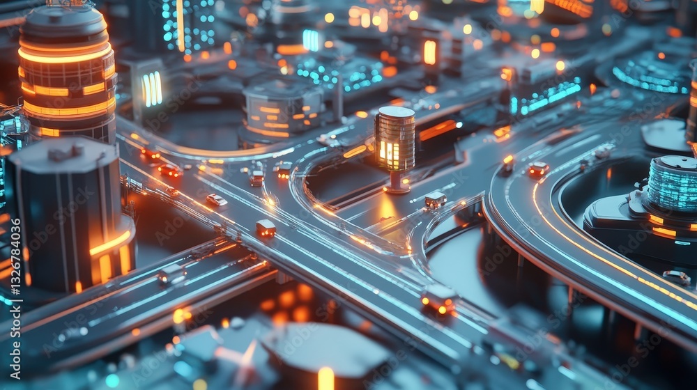 Poster a 3d urban development plan featuring smart roads and automated intersections
