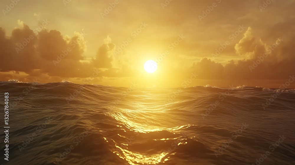 Poster golden sunset reflecting on ocean waves, creating a serene and tranquil atmosphere.