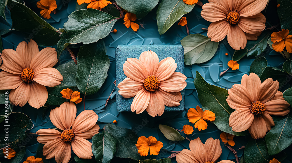 Poster blue box with a flower on top of it is surrounded by orange flowers. the flowers are arranged in a w
