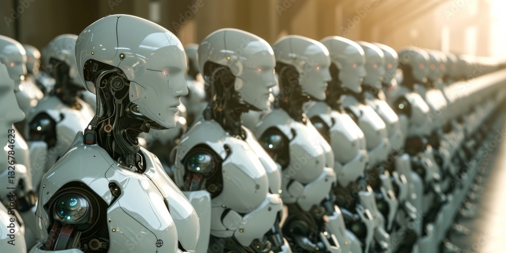 Poster futuristic robot workforce in a cinematic artificial intelligence environment with clean lines and a