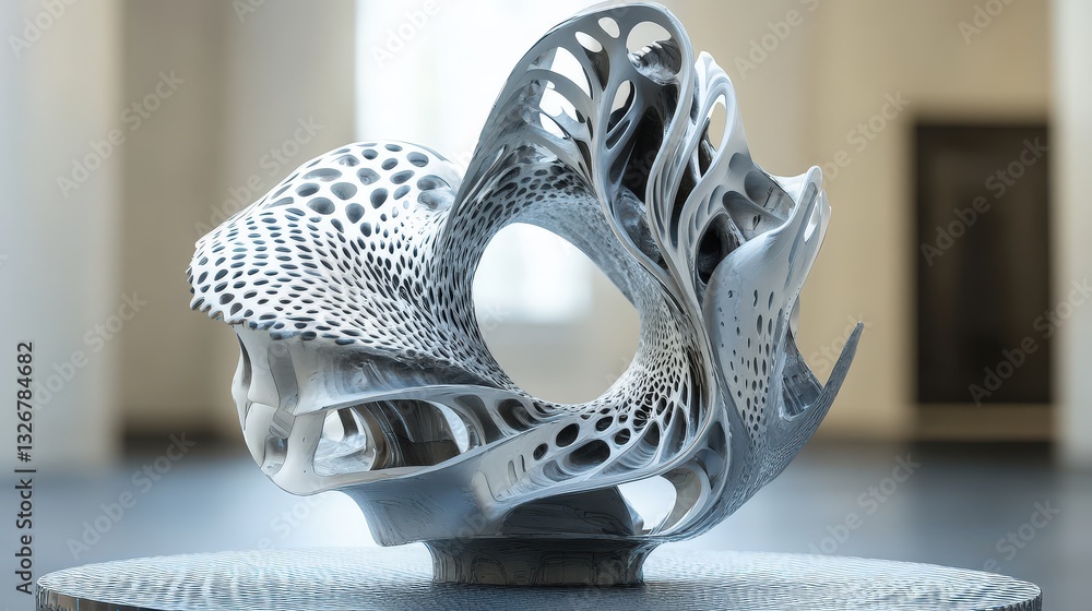 Poster a 3d-rendered futuristic sculpture designed by ai algorithms