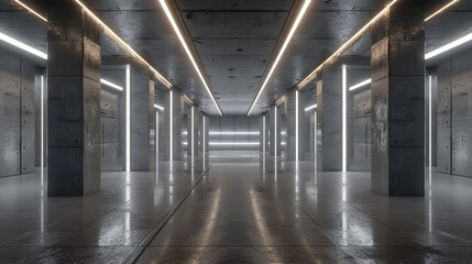 Futuristic Modern Garage With Concrete And Metal Columns Showroom Tunnel Corridor Having A Grunge Aesthetic