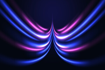 Speed ​​of light in space on dark background. Abstract background of blue and purple neon colors. Particle movement effect.