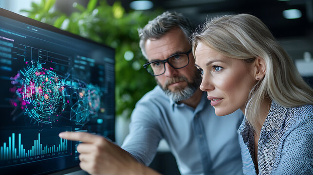 Business professionals engaged in strategic discussion modern office digital analytics presentation collaborative environment focused viewpoint innovation insights