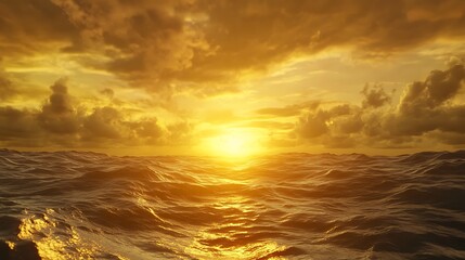 Obraz premium Vibrant sunset over ocean waves, casting golden reflections on water.