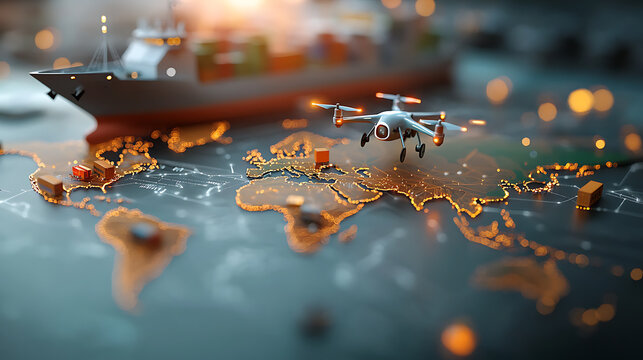 Global logistics optimization using ai-driven route mapping with drones and cargo ships digital world map technology urban environment aerial view innovation