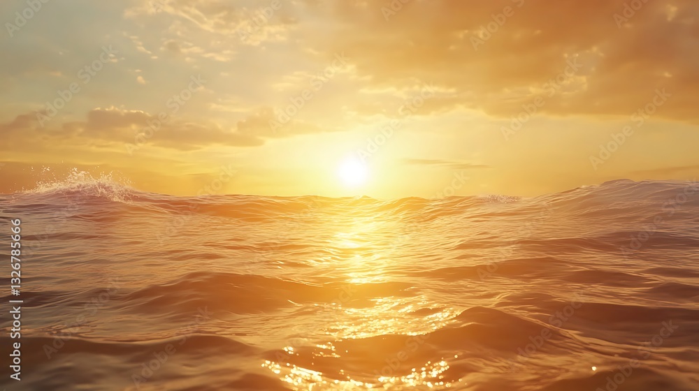 Poster sunset over ocean waves with golden reflections and soft clouds in the sky.