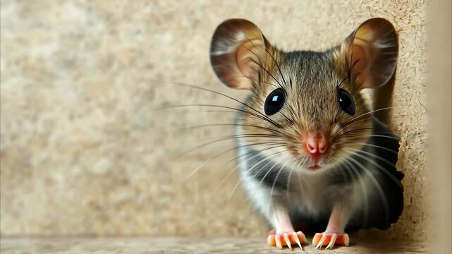 Cute mouse with large eyes and prominent ears peeks from hole, showcasing its whiskers and adorable fur, capturing charm of this curious rodent.