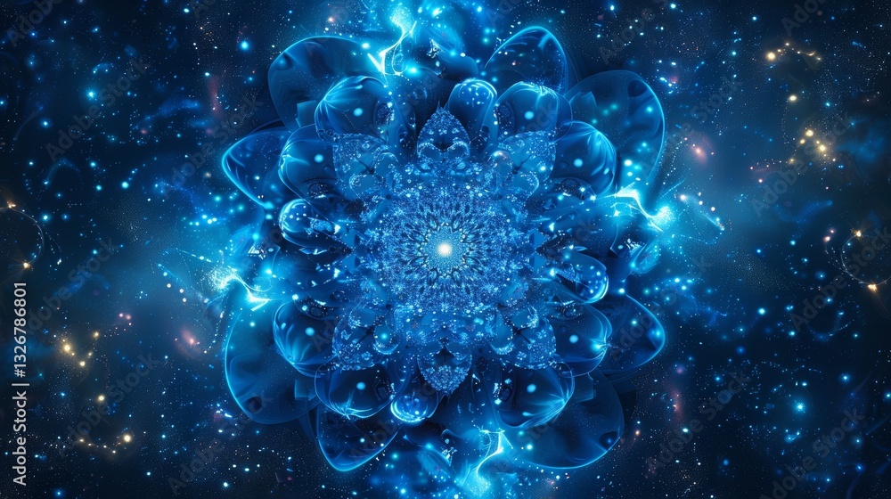 Poster Glowing intricate blue patterns and stars symbolizing harmony in cosmic connection