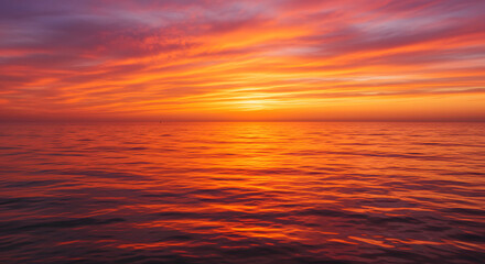 A stunning sunset over the ocean, with warm orange and pink hues reflecting on the water.