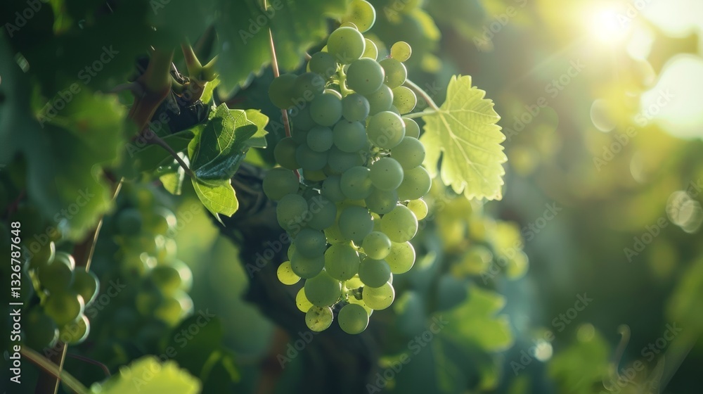 Poster grape clusters with sunlight filtering through leaves in a natural ethereal light setting with clean