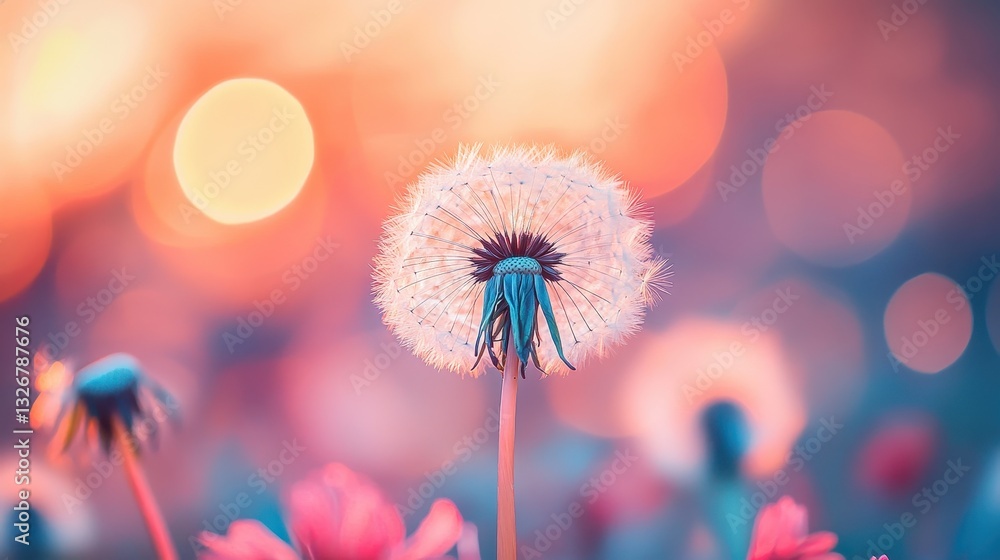 Poster Delicate Dandelion in Soft Pink and Orange Background with Dreamy Bokeh Effect