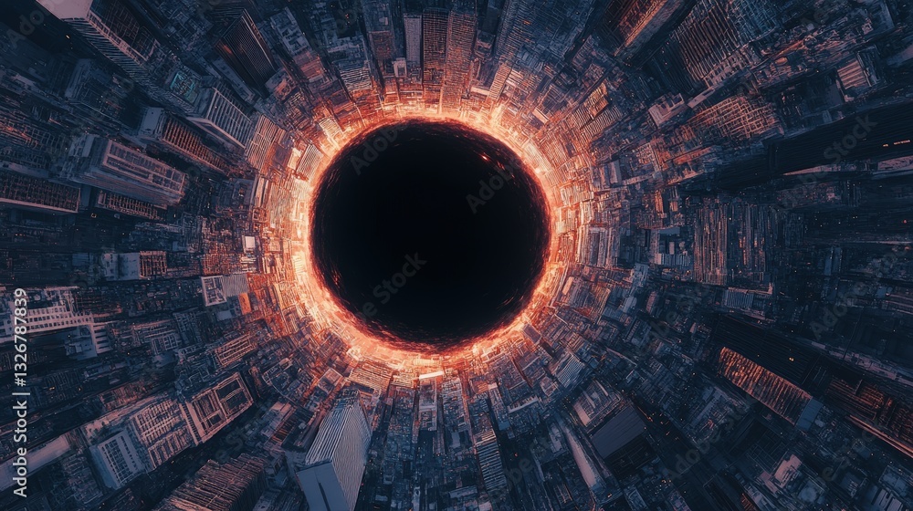 Poster a black hole at the center of a city, pulling in light but not objects