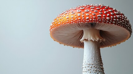 Single Red and White Mushroom Macro on Gray Background With Detailed Texture