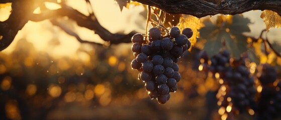 A sun-drenched close-up of a cluster of deep-purple grapes hanging from an ancient vine in an Italian vineyard