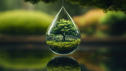 Reflection of Nature in Raindrop with Lush Green Tree and Serenity