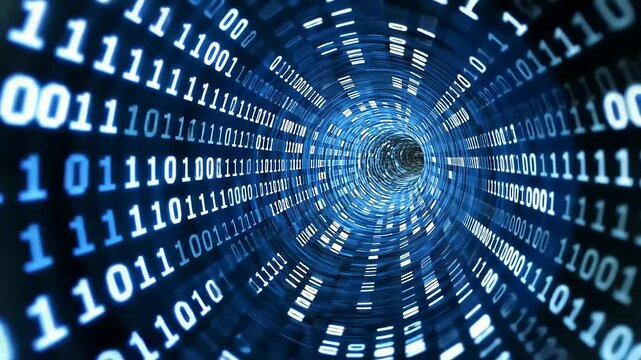 Abstract representation of a digital tunnel filled with binary code, symbolizing data flow and technology