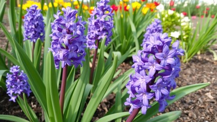 Vibrant Purple Hyacinths in Bloom amidst Colorful Flower Garden