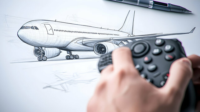 A person is holding a controller with aircraft drawing