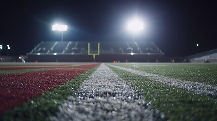 Nighttime football stadium view from the field, glowing lights, blurred background, capturing the essence of sports energy.
