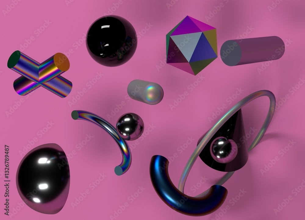 Poster abstract 3d illustration featuring colorful geometric shapes, including spheres, cones, and tubes, s