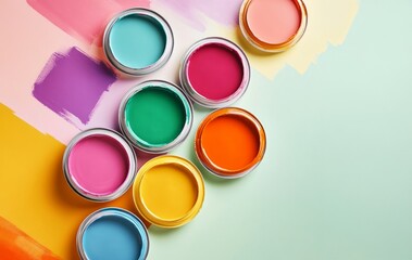 Colorful paint cans, creatively showcasing a bright and inspiring home decor color palette.