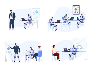 A set of illustrations showing collaboration between AI and humans in an office setting to improve productivity and innovation