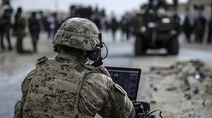 A soldier reviews information on a laptop during an operation