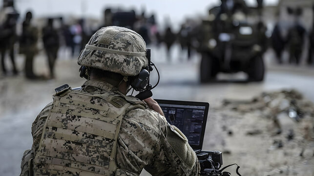 A soldier reviews information on a laptop during an operation