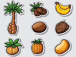Colorful collection of tropical fruit and nut stickers on a light background