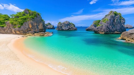 Fototapeta premium Secluded tropical beach with calm turquoise water, light sand, and rocky outcrops under a vibrant blue sky. Perfect summer getaway.