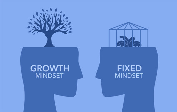 Two Big head humans think growth mindset different fixed mindset concept vector illustrator