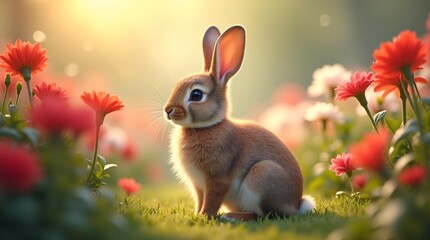 Obraz premium Adorable Baby Rabbit in a Flower Garden – Cute Bunny Photography