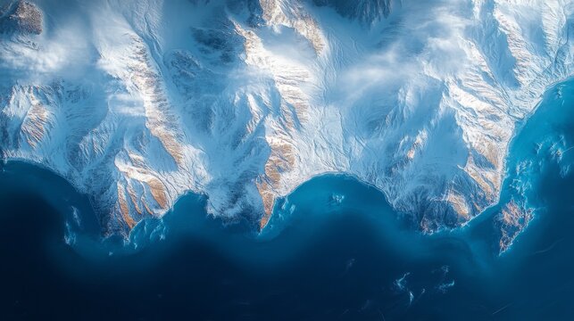 An expansive, AI-generated satellite view captures a rugged coastline bordered by snowy mountains and deep blue waters, ideal for telemetry and surveillance analysis.