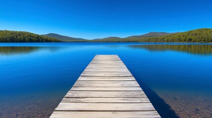 Fototapeta premium Wooden dock extending into a calm, blue lake, surrounded by lush green hills under a clear blue sky. Tranquil and serene landscape.