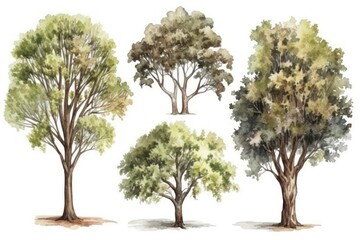 Hand drawn collection of hazel trees in a forest pack with clean lines and natural scenery