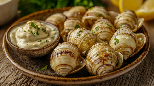 A close-up shot of a plate of fresh bulots (sea snails) served with a side of creamy mayonnaise