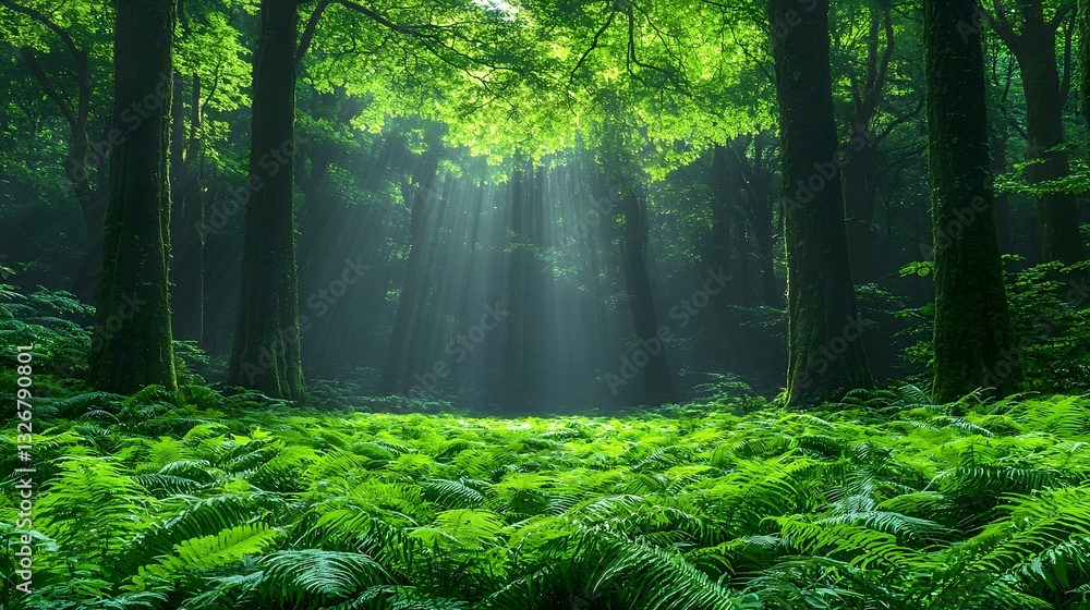 Poster vibrant rainforest with glowing mist and towering trees creating an ethereal atmosphere