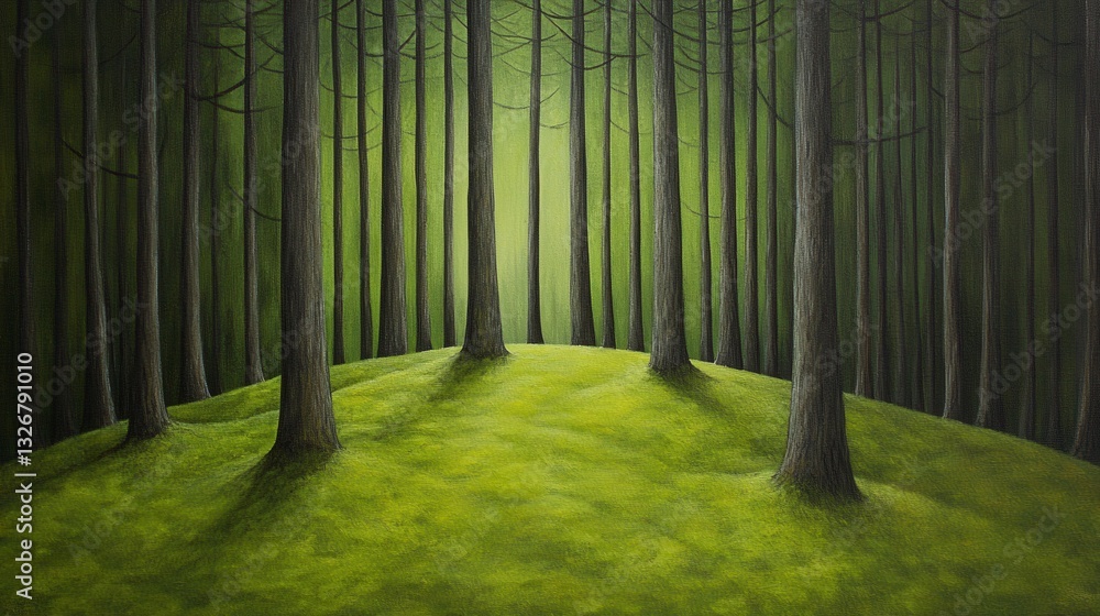 Poster lush green forest scene with tall trees surrounding a gently sloping hill covered in moss. soft ligh
