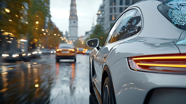Autonomous vehicle navigating through a futuristic cityscape urban environment action shot rainy day dynamic viewpoint technology innovation