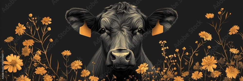 Poster hand drawn minimalistic cow engraving illustration with clean lines and ink sketch details for creat