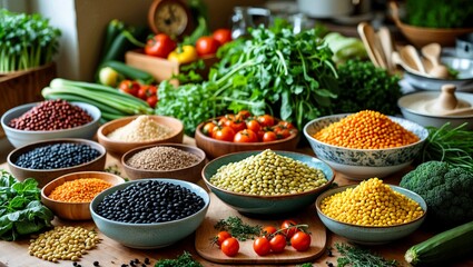 Fototapeta premium Colorful legumes and vegetables for healthy cooking inspiration