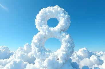 Obraz premium The figure is eight 3d made of fluffy white clouds among the clouds against the backdrop of the blue sky. International Women's Day. Mother's Day