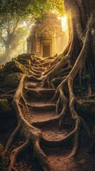 Obraz premium Close up shot of a mystical ancient temple, partially overtaken by lush jungle, deep in the heart of Southeast Asia