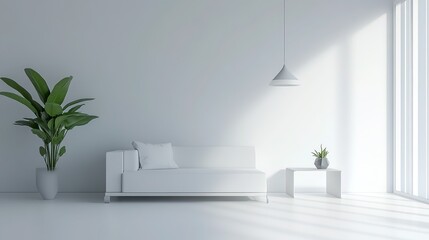 Minimalistic office lobby with modern furniture, soft lighting, calm atmosphere, white walls, professional studio light.
