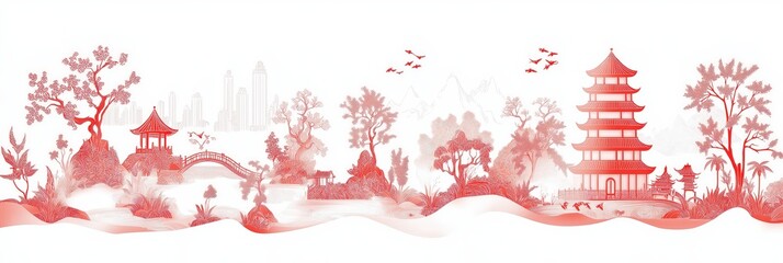 red chinese style landscape illustration
