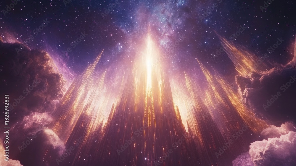 Poster a cathedral built from shimmering light, floating in an endless starry void