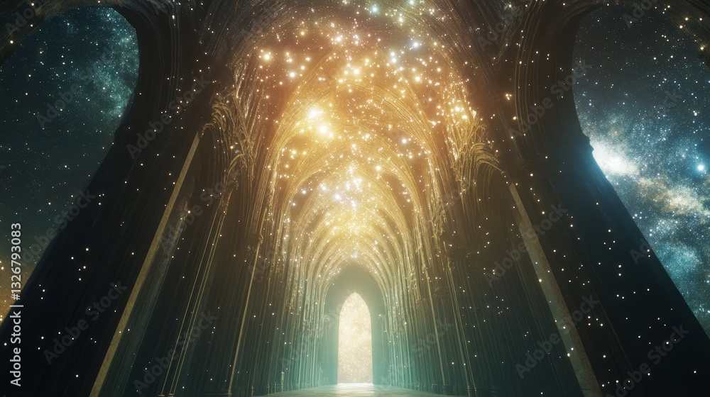 Poster a cathedral built from shimmering light, floating in an endless starry void