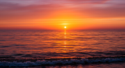 A stunning sunset over the ocean, with warm orange and pink hues reflecting on the water.