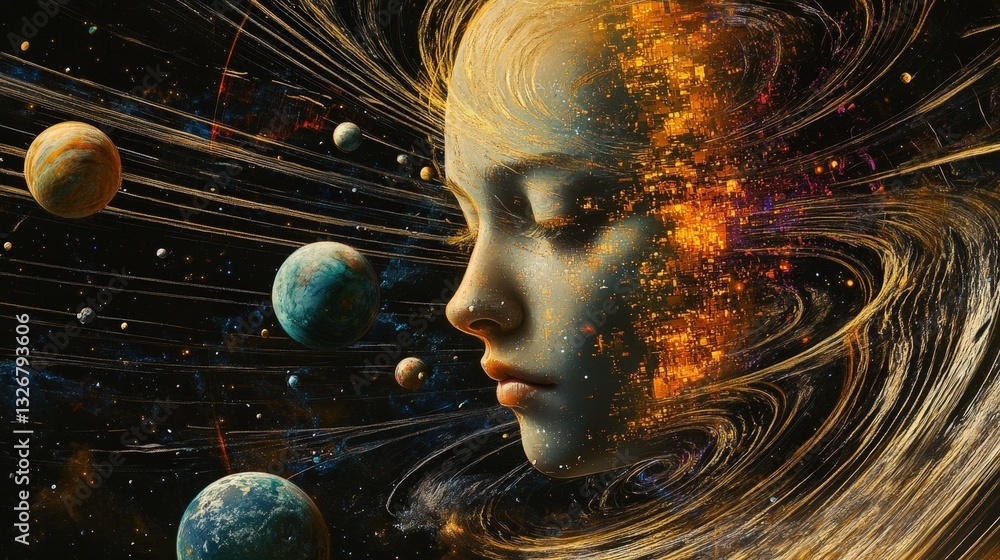 Poster a celestial ai controlling the orbits of digital planets, its face flickering between human and mach